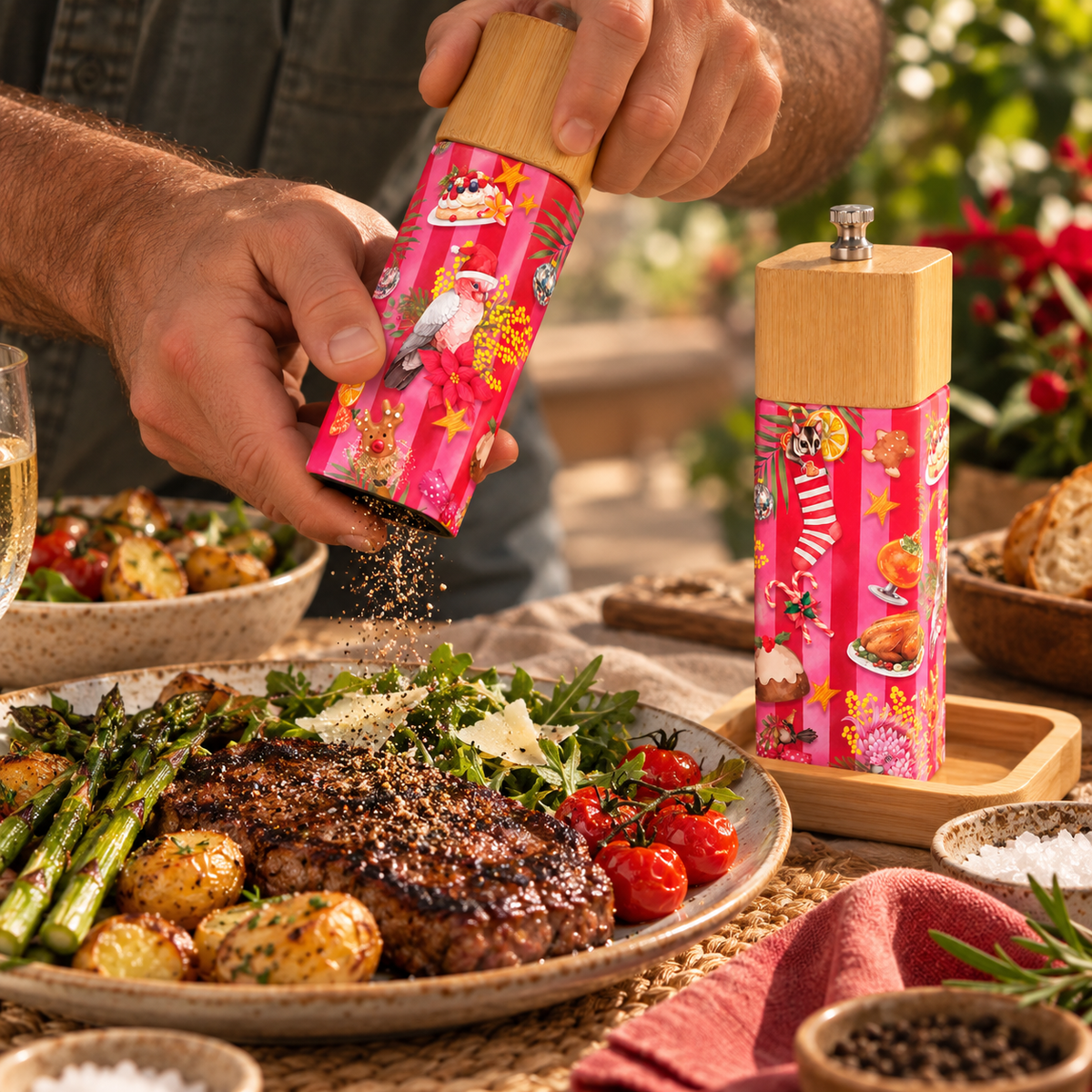 Bamboo Salt & Pepper Grinder Set with Tray - Christmas Crackers