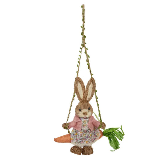 Prue Straw Bunny Sitting on Carrot Swing