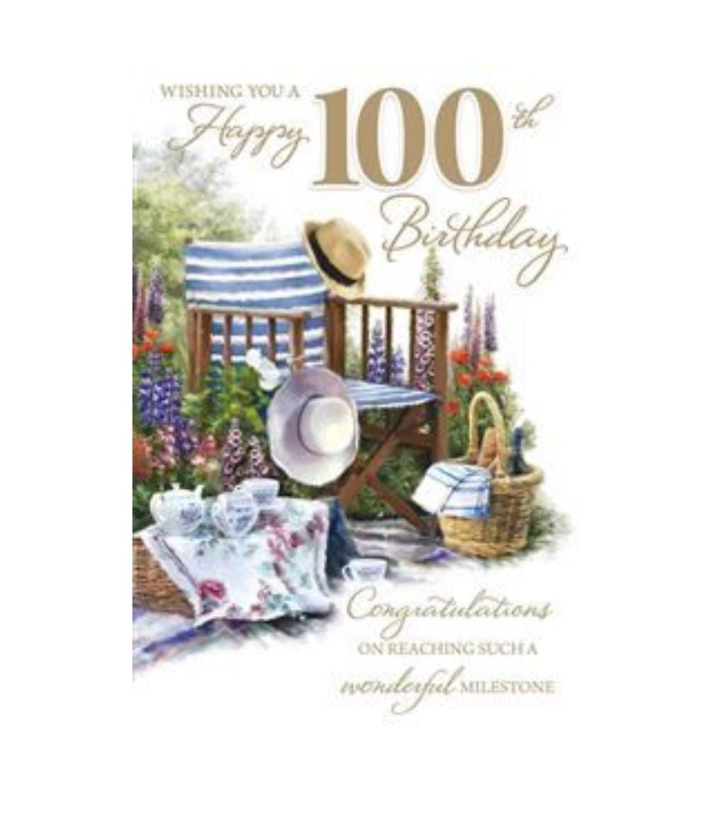 Card - Wishing You A Happy 100th Birthday (Picnic Basket & Deck Chair)