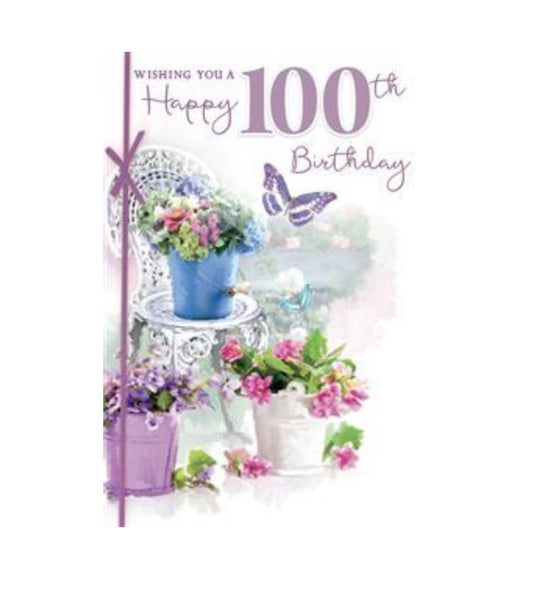 Card - Wishing You A Happy 100th Birthday (Chair with Buckets of Flowers)