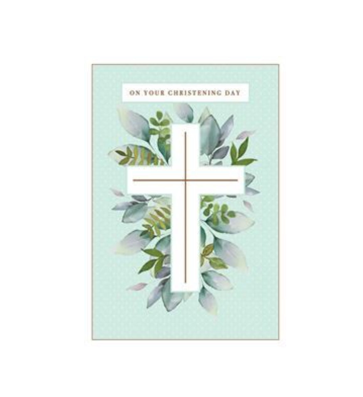 Card - On Your Christening Day (Green Leaves & Cross)