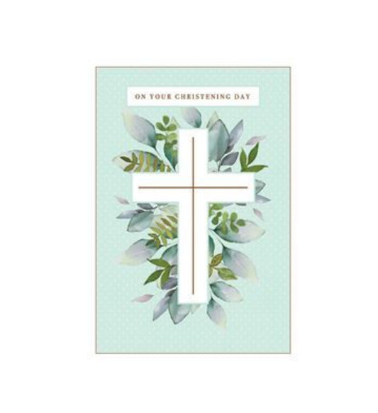 Card - On Your Christening Day (Green Leaves & Cross)
