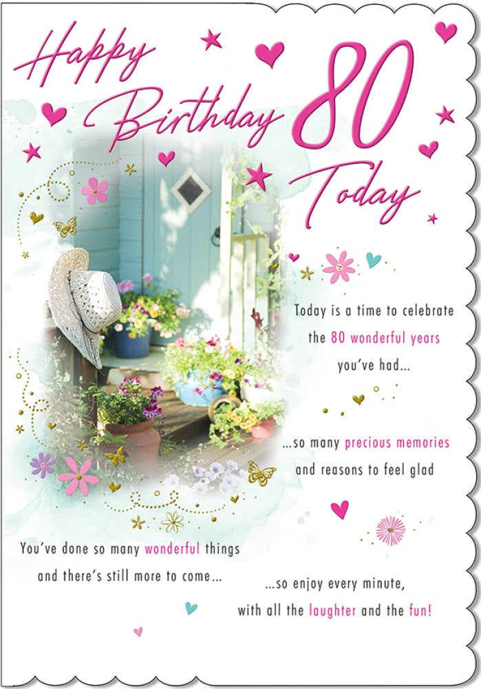 With Love Card - Happy Birthday 80 Today (Flower Pots Garden)