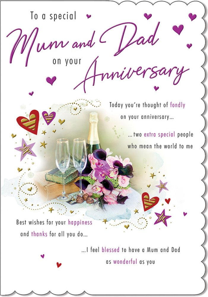 With Love Card - To A Special Mum And Dad On Your Anniversary (Champagne Bottle, Glasses & Flowers)