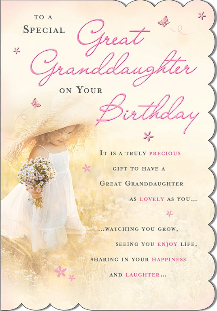 With Love Card - To A Special Great Granddaughter On Your Birthday (Little Girl Holding Flowers)