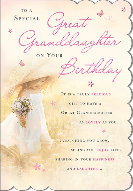 With Love Card - To A Special Great Granddaughter On Your Birthday (Little Girl Holding Flowers)