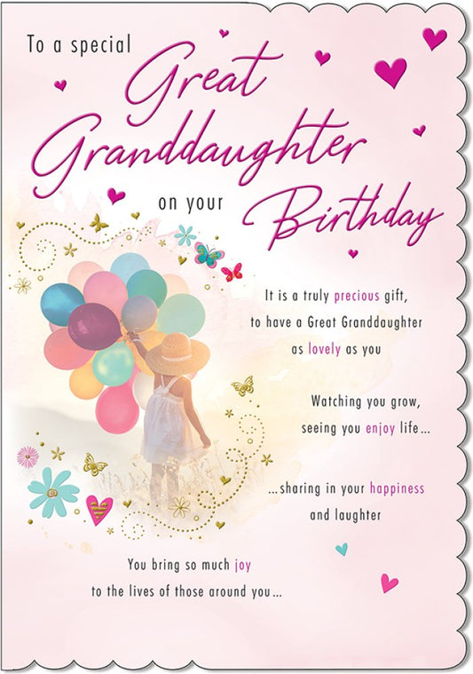With Love Card - To A Special Great Granddaughter On Your Birthday (Little Girl Holding Balloons)