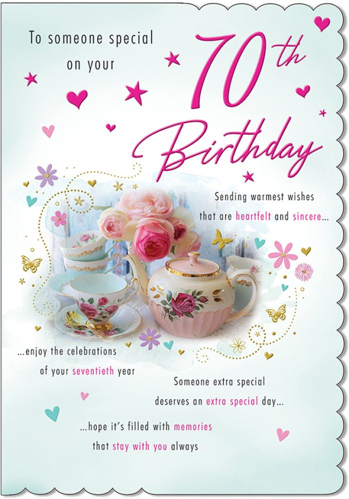 With Love Card - To Someone Special On Your 70th Birthday (Flowers & Teapot)