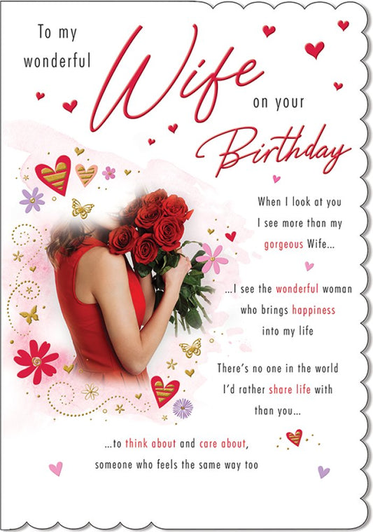 With Love Card - To My Wonderful Wife On Your Birthday (Lady Holding Red Roses)