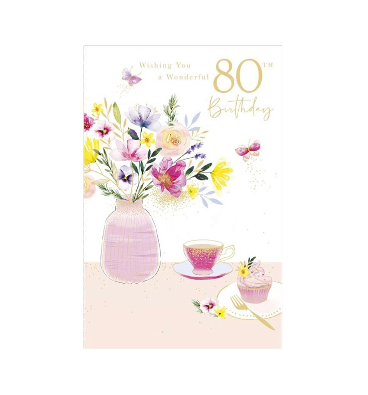 Card - Wishing You a Wonderful 80th Birthday (Flowers, Cupcake & Tea)