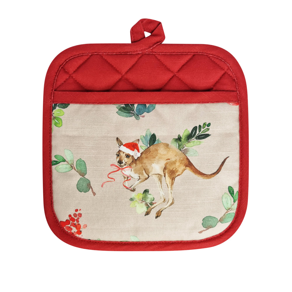 Outback Christmas Pot Holder 2pk - Beige & Red