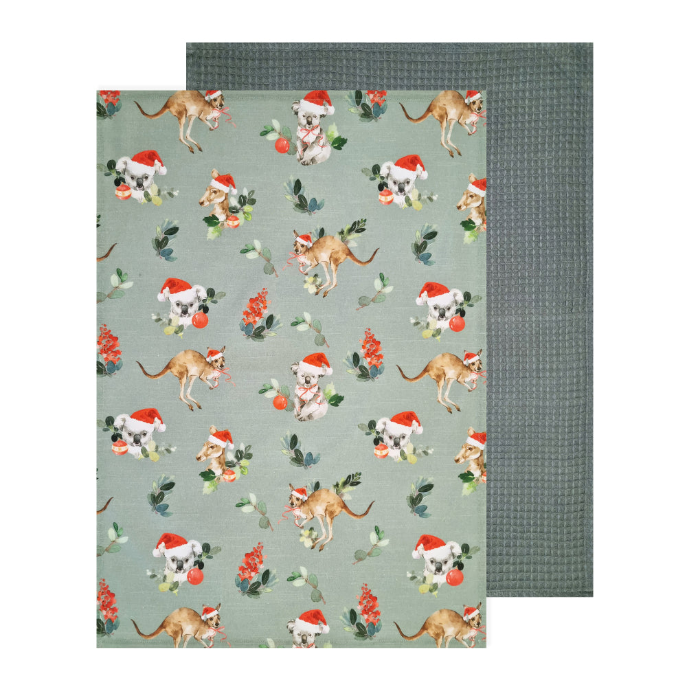 Outback Christmas Tea Towel 2pk - Mint & Green