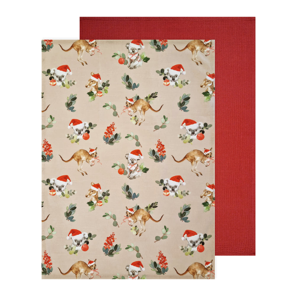 Outback Christmas Tea Towel 2pk - Beige & Red