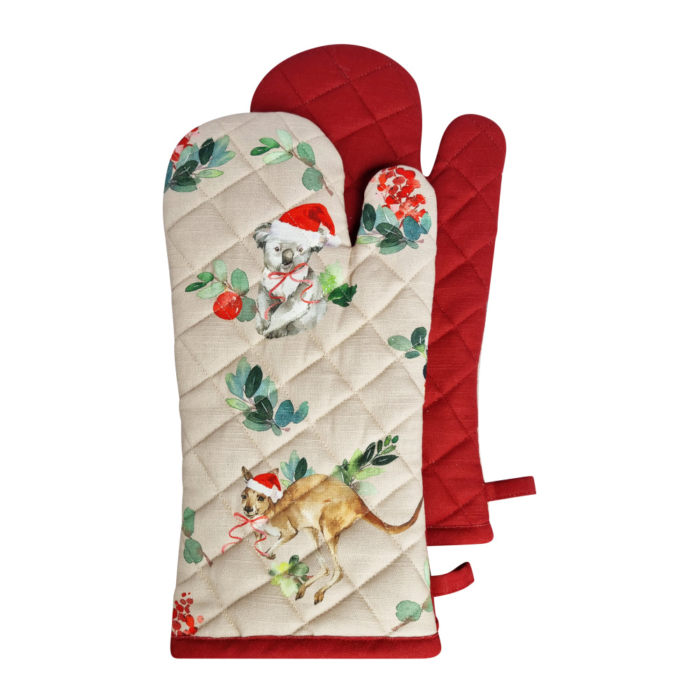 Outback Christmas Oven Mitt 2pk - Beige & Red