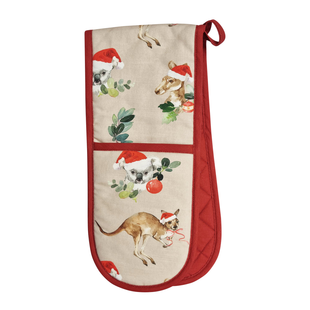 Outback Christmas Double Oven Glove - Beige & Red