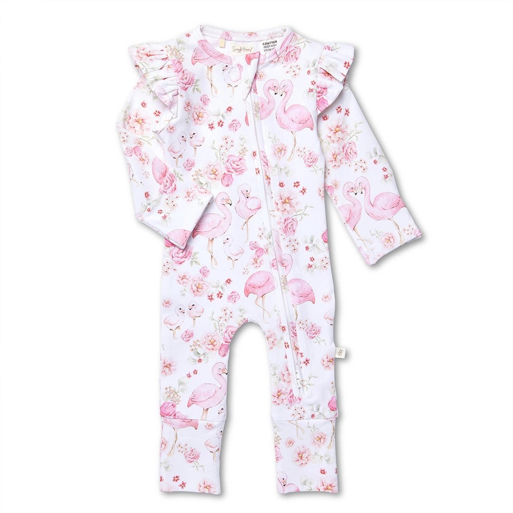 Flamingos Organic Snugglesuit Zip Convertible Romper with Frill