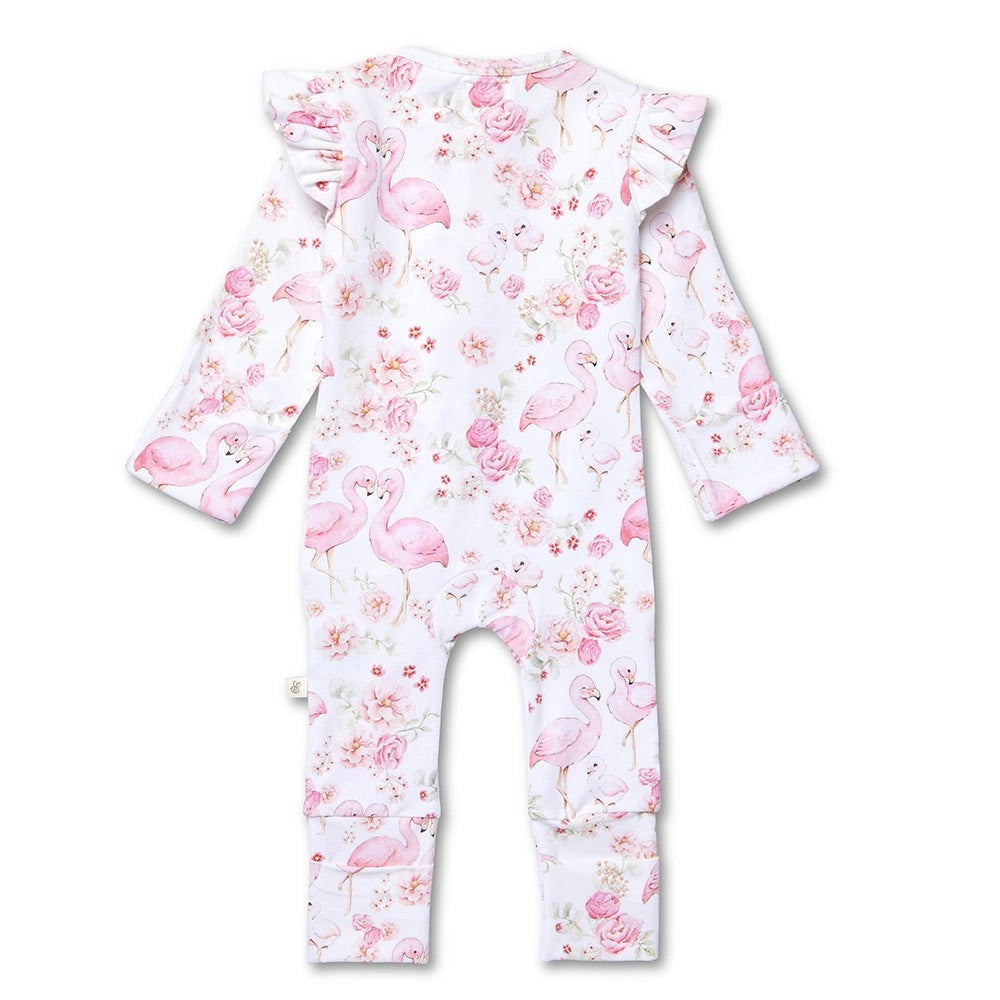Flamingos Organic Snugglesuit Zip Convertible Romper with Frill