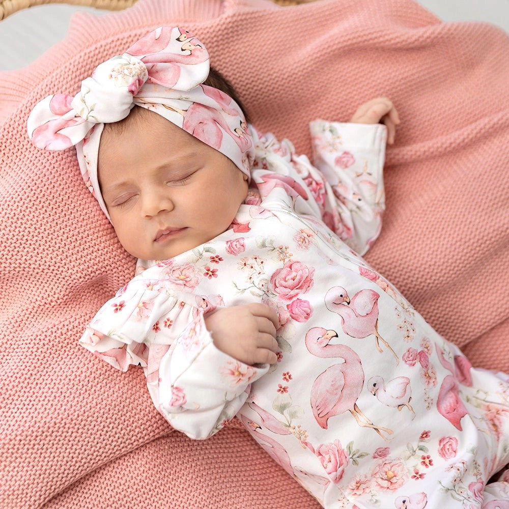 Flamingos Organic Snugglesuit Zip Convertible Romper with Frill