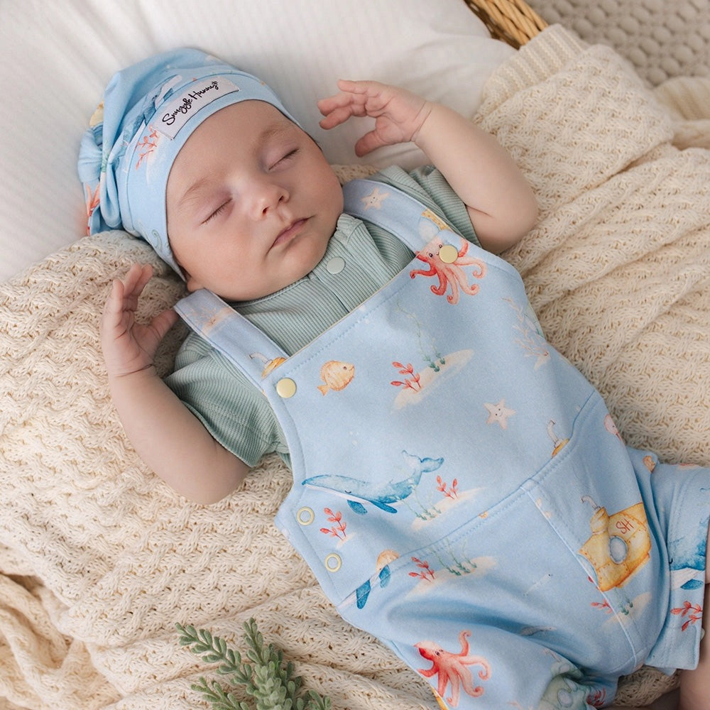 Blue Little Subs Organic Snuggle Overall Shorts