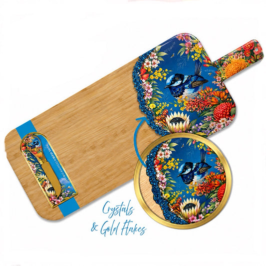 Crystal Resin Bamboo Serving Board with Cheese Knife - Floral Fairy Wrens