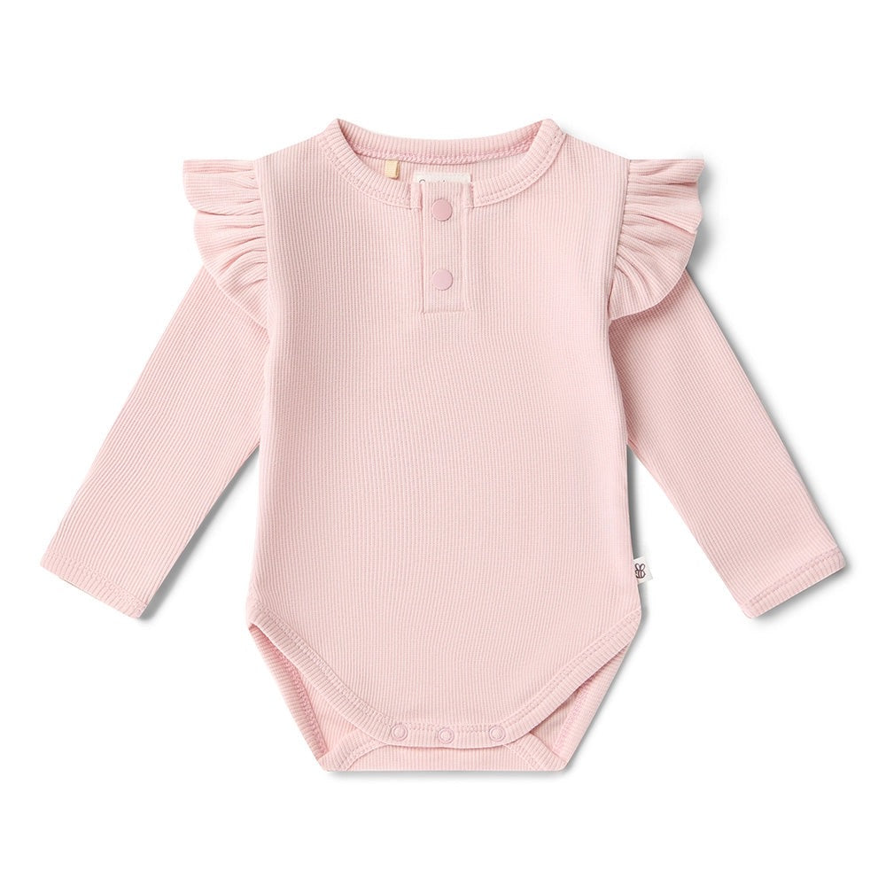 Baby Pink Rib Long Sleeve Organic Bodysuit with Frill