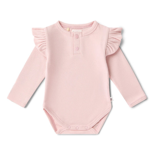 Baby Pink Rib Long Sleeve Organic Bodysuit with Frill