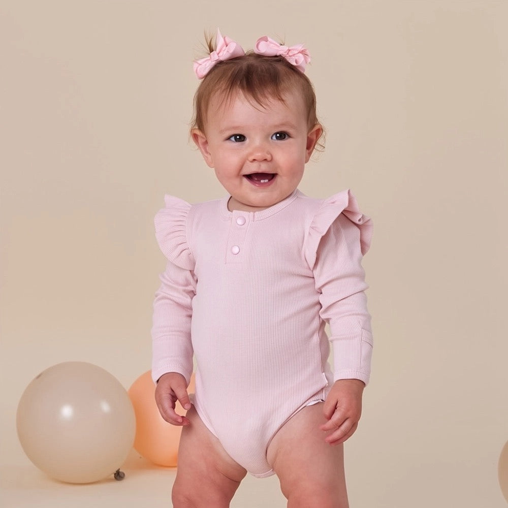 Baby Pink Rib Long Sleeve Organic Bodysuit with Frill