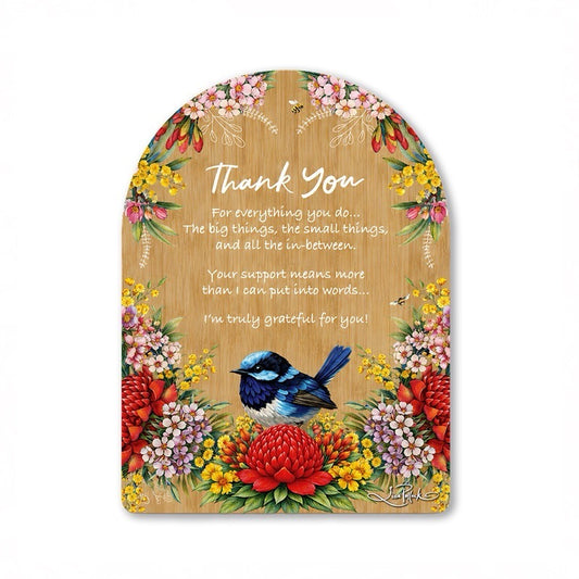 Bamboo Affirmation Plaque - Thank You (Floral Fairy Wrens)