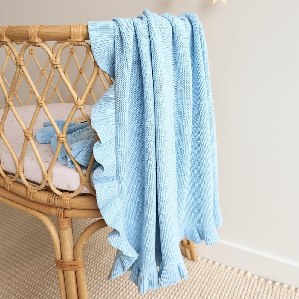 Baby Blue Ruffle Knit Organic Baby Blanket