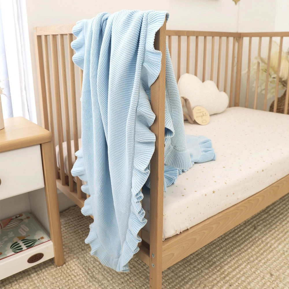 Baby Blue Ruffle Knit Organic Baby Blanket