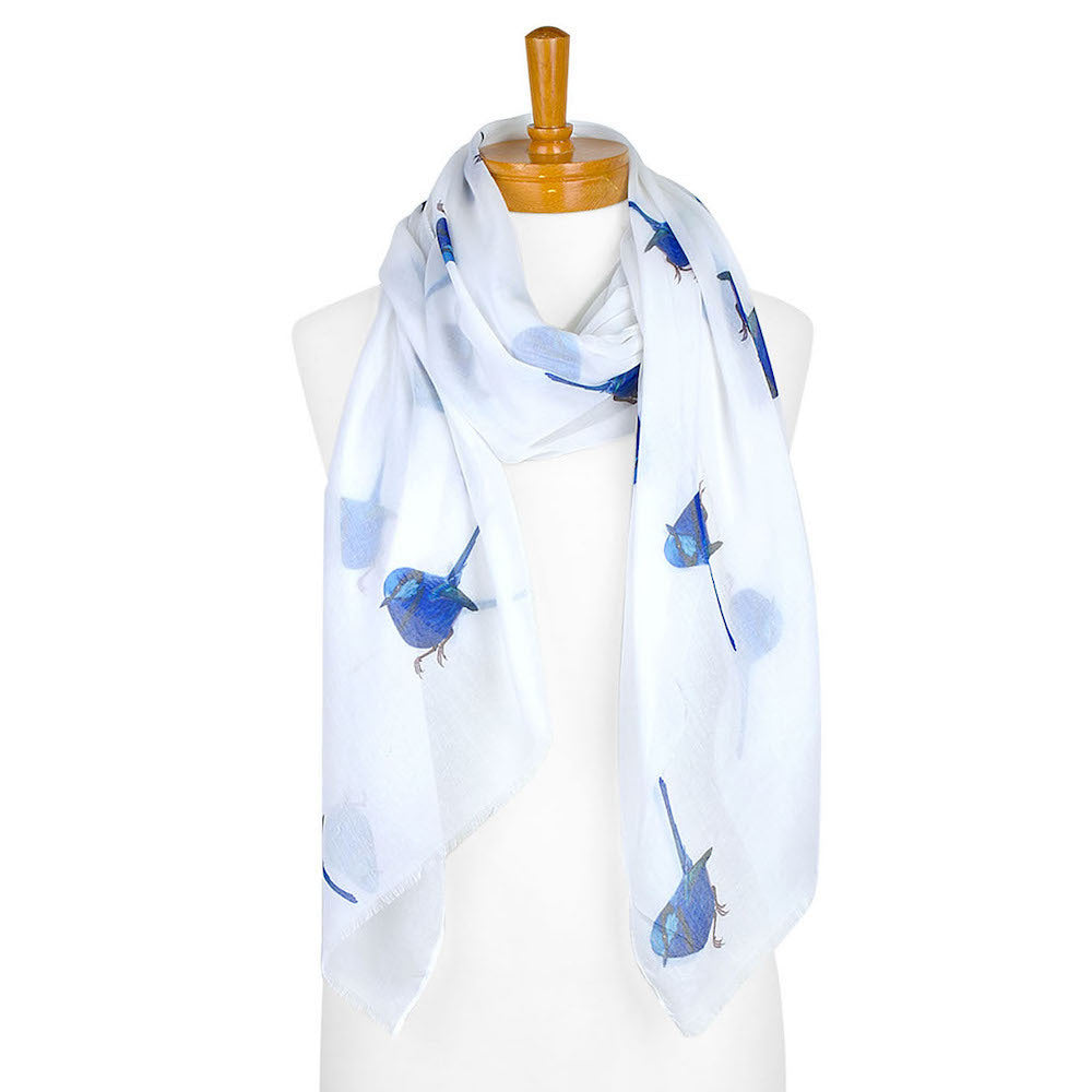 White Blue Wren Bird Scarf