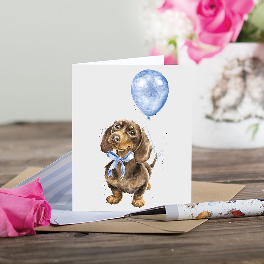 Wrendale Designs Mini Gift Card - Blue Balloon (Dachshund)