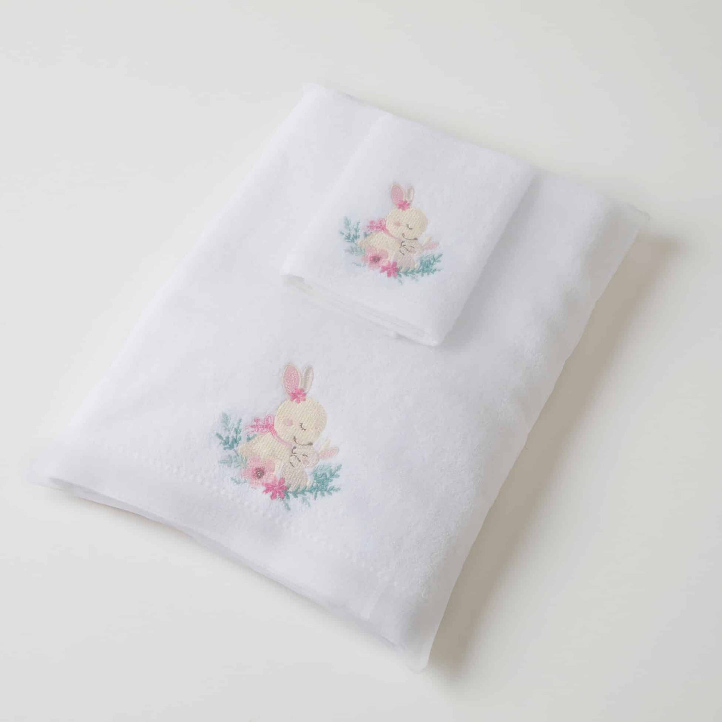 Bath Towel & Face Washer in Organza Bag - Pink Bunny