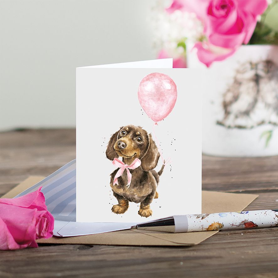 Wrendale Designs Mini Gift Card - Pink Balloon (Dachshund)