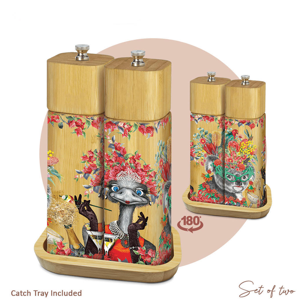 Bamboo Salt & Pepper Grinder Set with Tray - Audrey Emu & Too Glam Koala