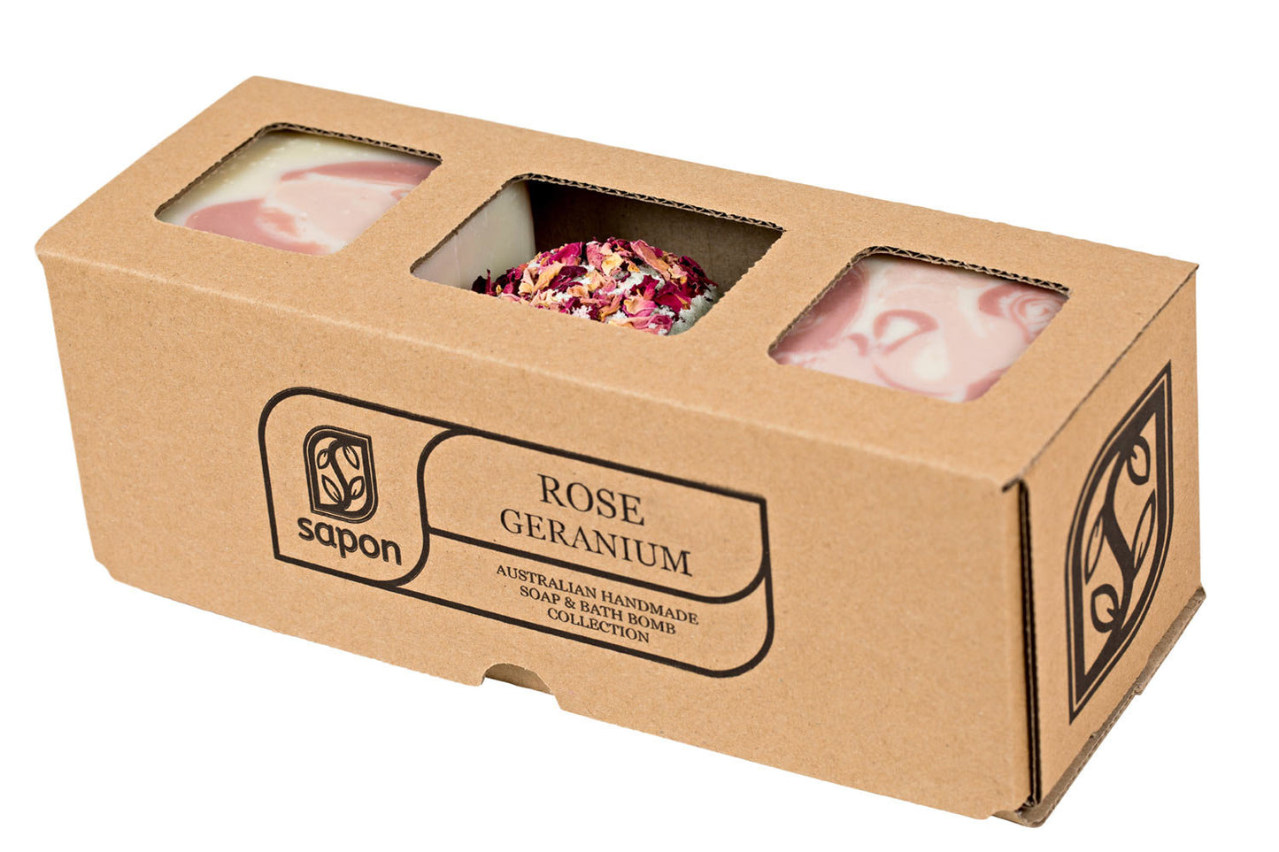 Sapon - Rose Geranium Bath Bomb & S/2 Goats Milk Soap Gift Box