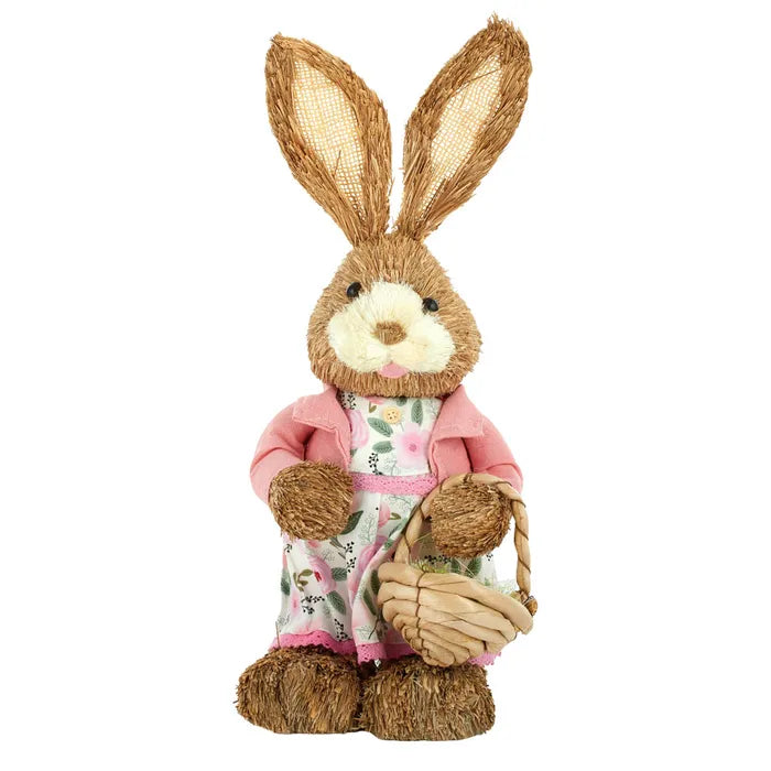 Celeste Straw Bunny Holding Basket with Eggs