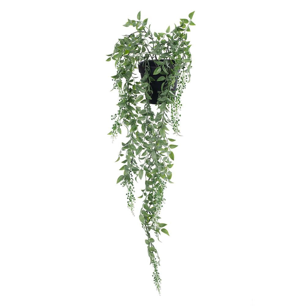 Leaf & Berry Hanging Bush in Pot - Grey & White 73cm