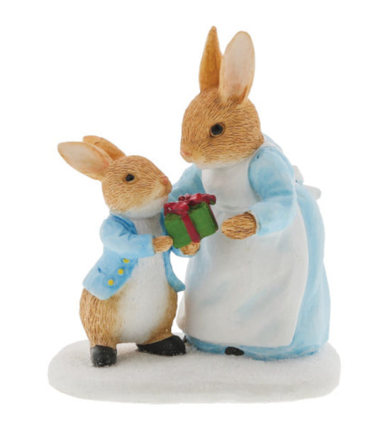 Beatrix Potter Christmas - Mrs Rabbit & Peter Rabbit Present Figurine