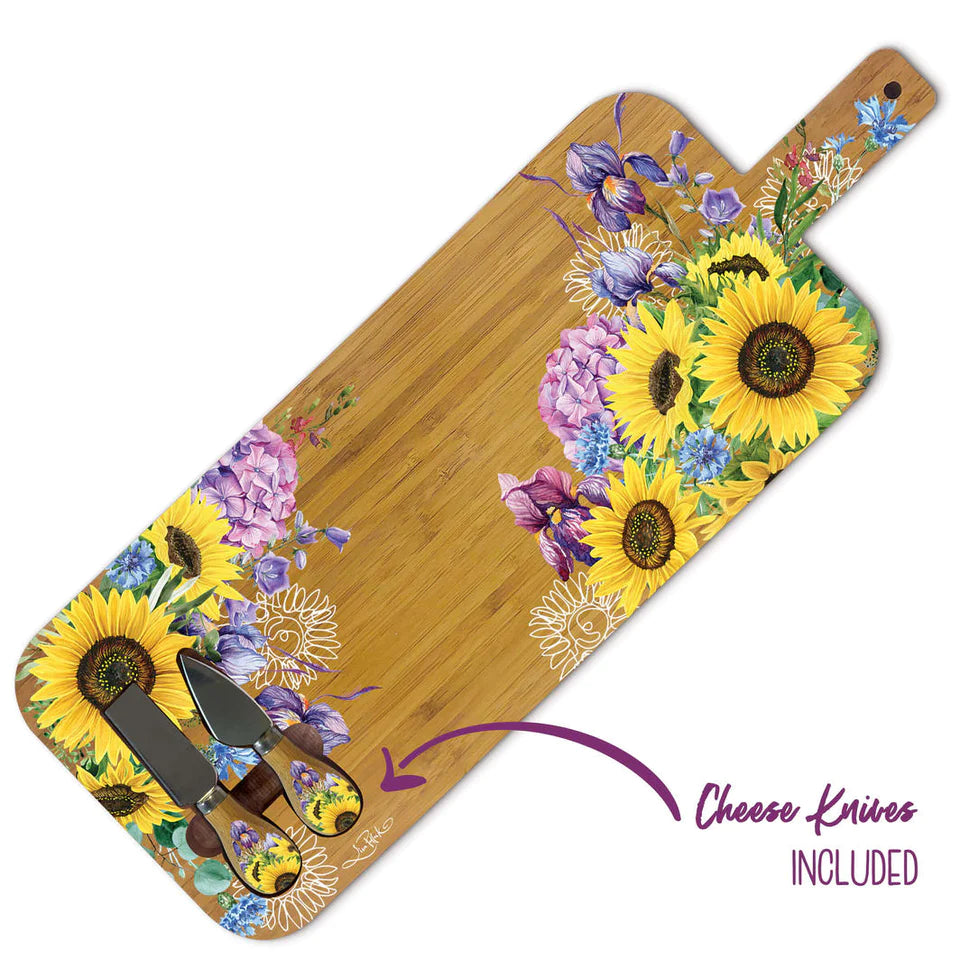 Large Bamboo Serving Board with Cheese Knives - Sunflowers